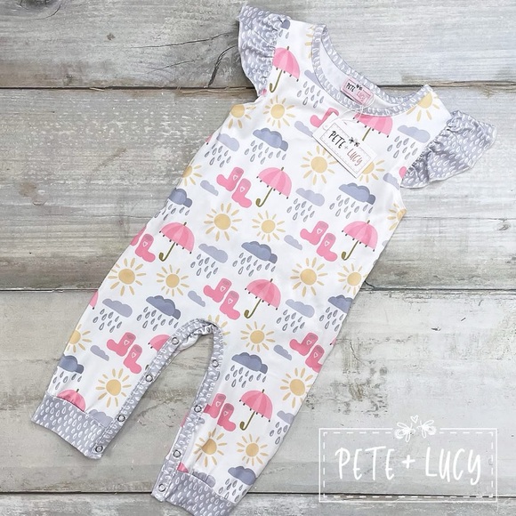 NWT Pete+Lucy Romper Rain Rain Go Away Print - Picture 1 of 3